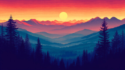 Vibrant sunset over tranquil mountains with silhouette of pine trees in the foreground