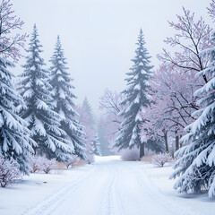 Fototapeta premium A tranquil winter scene with snow covered trees and soft pink blossoms lining a snowy path, photography of landscape concept.