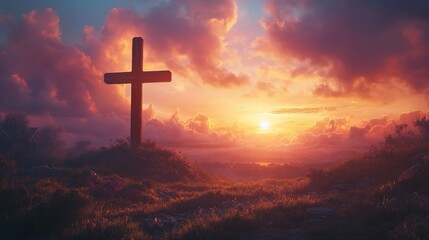 Sunset silhouette of a wooden cross atop a hill.