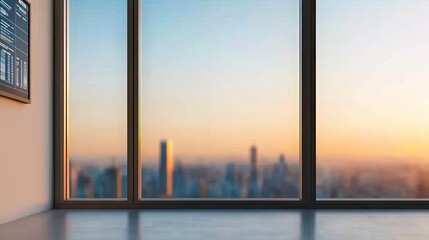 Fototapeta premium Modern office interior with large windows, showcasing a stunning urban sunset view.