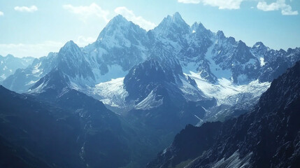 Fototapeta premium Majestic snow-capped mountains rise against the clear blue sky in a serene landscape