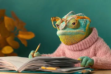 Fotobehang Charming chameleon in a cozy home office wearing a pink sweater and glasses engages with scattered papers while focusing on important documents © Stock Essence