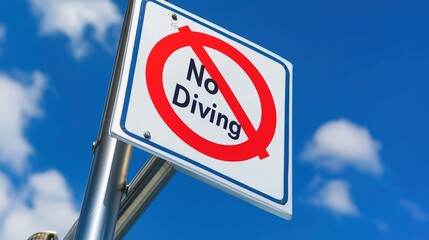 No Diving warning sign with a red circle and diagonal line. Water parks, safety education, schools, water safety, drowning prevention, swimming rules, child safety