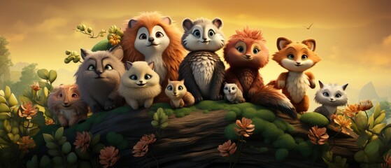Fototapeta premium Cute Animated Forest Animals Group in a Vibrant Natural Setting