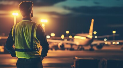 Business Professional Supervising Cargo Loading at Airport Evening