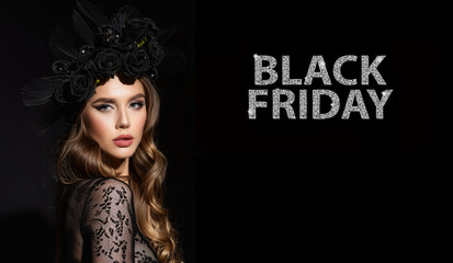 Promotional image highlighting Black Friday offers, with a beautiful woman in a lace bodysuit and decorative garland,highlighting special offers and discounts available on this shopping day.