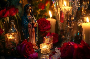 Virgin Mary Statue with Candlelit Floral and Fruit Offering Display