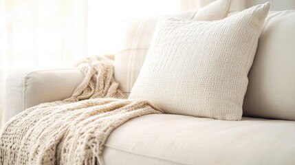 A cozy white sofa with plush pillows and a knitted throw creates a warm atmosphere in a softly lit living area filled with natural light
