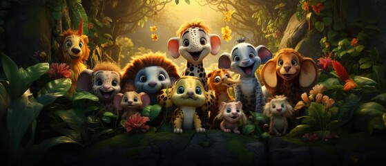 Obraz premium Colorful Cartoon Animals Gather in a Lush Jungle Environment