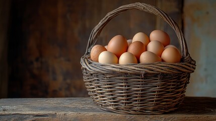 A rural basket filled with fresh, organic farm eggs, placed on a wooden table. The natural and rustic environment showcases the freshness and organic produce from farm to table,
