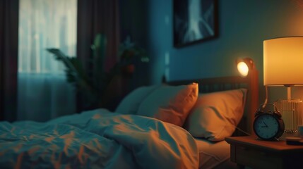 Serene bedroom with cozy bed, soft pillows, and dim lighting. Nightstand clock shows late hour, highlighting the importance of good sleep habits in a quiet room.	
