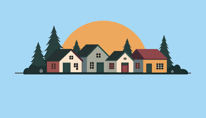 Charming Village Scene with Sunset and Pine Trees