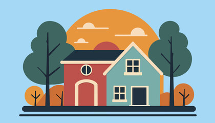 Colorful House Illustration with Trees and Sunset