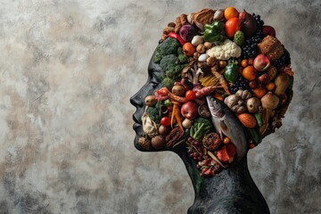 Silhouette of a human head filled with nourishing foods symbolizing healthy eating and mental well-being