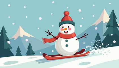 Obraz premium Cheerful Snowman Skiing in Winter Wonderland
