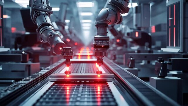 Two robots are working together in a factory