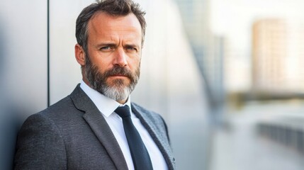 Businessman exudes confidence while standing at a solar power plant, highlighting sustainable energy solutions and innovation