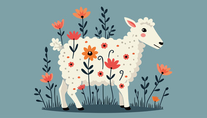 Cute Cartoon Sheep in a Flower Field