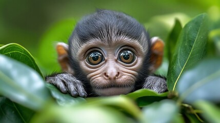 Fototapeta premium Adorable baby monkey peeking from lush green leaves.