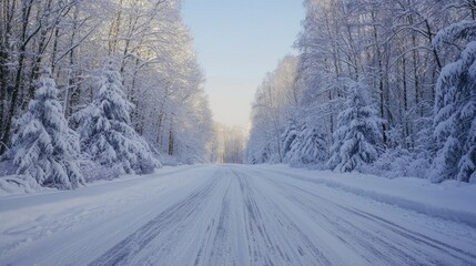 Fototapeta premium Winter road covered in snow, with tire tracks visible and trees blanketed in white