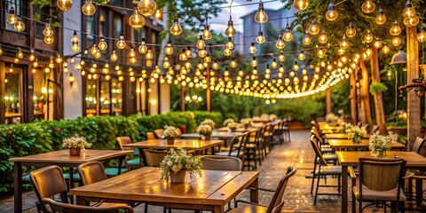 Beautifully decorated outdoor restaurant with twinkling string lights creating a romantic atmosphere , restaurant