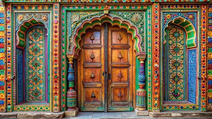 Obraz premium Ornate and colorful ornamental door in India , India, ornamental, door, colorful, traditional, architecture, woodwork