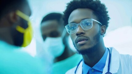 A doctor discusses X ray findings with a patient while medical staff observe in a healthcare setting