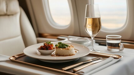Elegant inflight dining experience on a passenger plane interior view