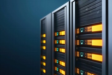 Access control permissions and encryption, A close-up view of modern server racks with illuminated panels, showcasing advanced technology in a data center environment.