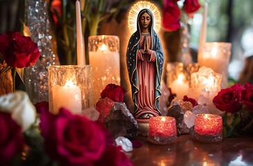 Religious Altar with Virgin Mary Statue, Candles, Roses, and Apples in a Sacred Setting