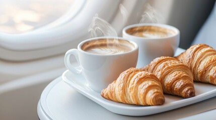 Inflight coffee and croissants aerial comfort in the cabin