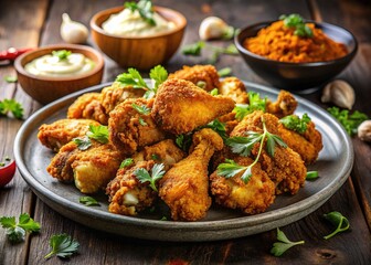 Fototapeta premium Architectural shots of crispy chicken wings and mushrooms. Expert food styling.