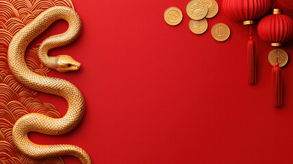 Chinese New Year Frame and background theme, golden snake on red background with coins and lanterns symbolizes prosperity