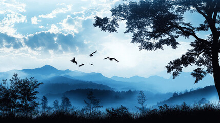 Fototapeta premium Mountains and birds soar under a cloudy sky in a tranquil blue landscape