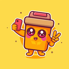 cheerful recycle bin character mascot taking a selfie with a smartphone isolated cartoon 