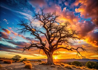 Artificial desert: withered tree, nature, digitally created.