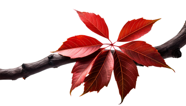 Vibrant red leaves on a branch against a white background, capturing the essence of autumn.