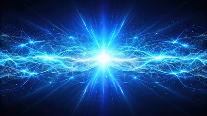 Abstract glowing blue futuristic energy plasma wave with bright core, magical dynamic electric particles on a dark blue background
