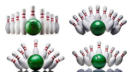 Bowling pins and a green ball arranged in multiple positions on a black background.