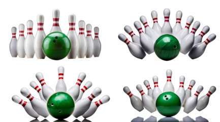 Bowling pins and a green ball arranged in multiple positions on a black background.