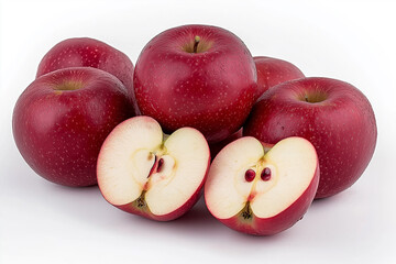 Close-up of red apples with one apple cut in half, a pile of apples, red apples in the background.