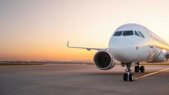 Engineers inspect passenger plane wing at sunset airport aviation view