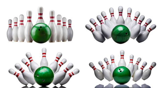 Bowling pins and a green ball arranged in multiple positions on a black background.