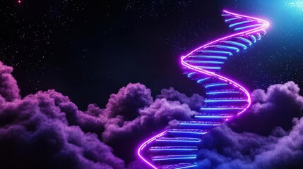 Glowing Spiral Staircase Ascending Through Ethereal Clouds in Cosmic Night Sky