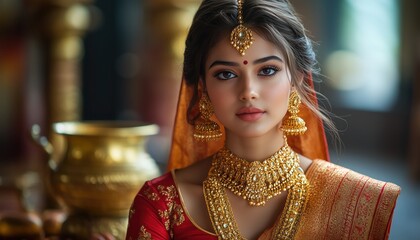 Traditional Bride with Golden Earrings and Ethnic Attire