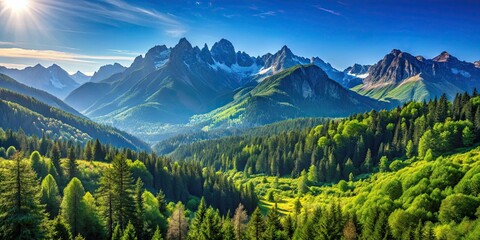 Fototapeta premium Mountain range with lush forests nestled in a valley beneath a clear blue sky , trekking, tourism, nature, landscape