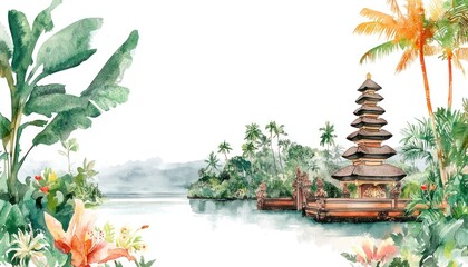 Balinese temple watercolor illustration wallpaper