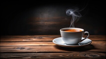 Obraz premium Cup of hot coffee on dark wooden table over black background, black background, dark wood, hot beverage, caffeine, morning routine
