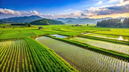Fototapeta premium Large-scale rice fields planted in Northeast China during July, rice field, agriculture, landscape, farm, rural, summer, growth