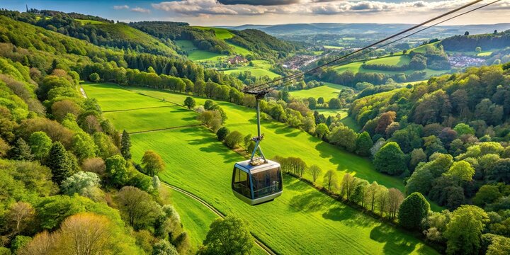 Aerial view of cable cart passing over lush fields and trees in Matlock, cable cart, aerial view, fields, trees
